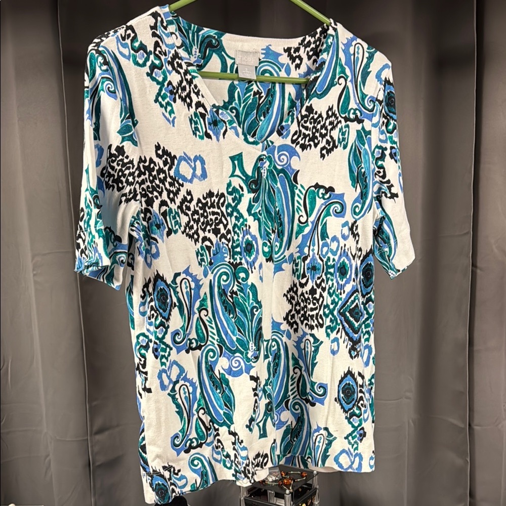 Chico's Blue and Black Graphic 3/4 Sleeve Blouse